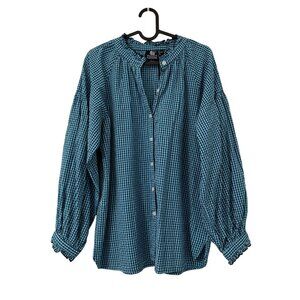 Madison Mathews Blue Gingham Woven Cotton Peasant Blouse Womens Large